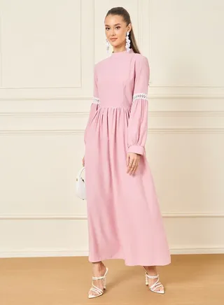 Lace Detail High Neck A-Line Maxi Dress 