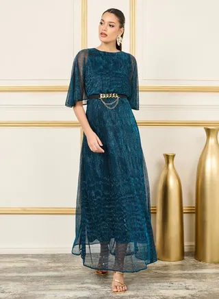 Plisse Lurex Chain Accent Waist A-Line Maxi Dress 