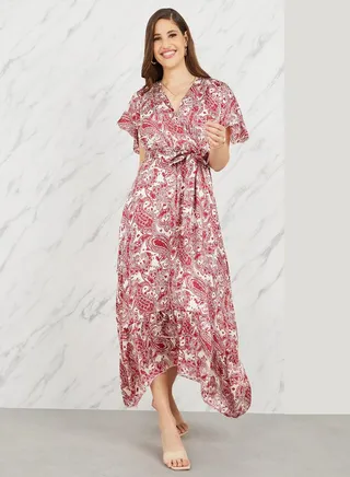 Paisley Print Asymmetric Hem A-Line Midi Dress with Self Tie Up
