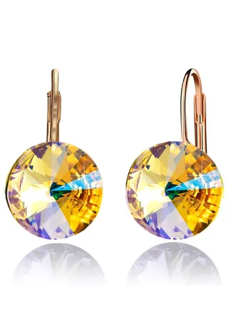 Women's Round Austrian Crystal Drop Earrings 14K Gold Plated 