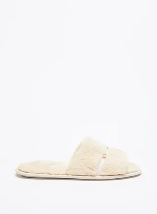 Womens Pearl Studded Plush Slip On Bedroom Slides