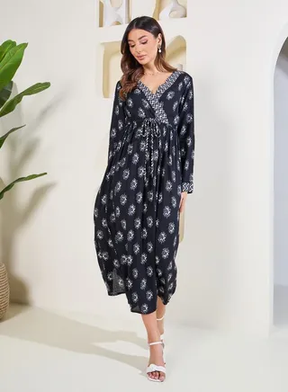 Block Print A-Line Maxi Dress with Waist Tie Up 