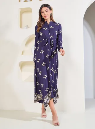 Block Print Handkerchief Hem Midi Dress with Self Tie Up 