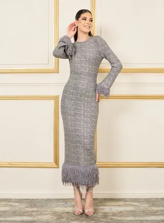 Faux Fur Trim Textured Glitter Bodycon Maxi Dress