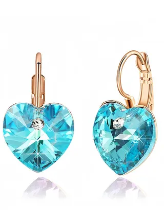 Austrian Crystal Heart Drop Leverback Earrings for Women 14K Rose Gold Plated Hypoallergenic Jewelry 