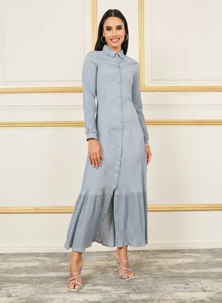Crepe Contrast Hem Shirt Maxi Dress 
