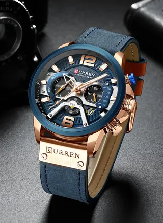 Men's Waterproof Analog Bussiness Quartz Wrist Watch Leather Chronograph Watch 8329 48mm Blue 