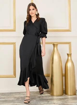 Satin Asymmetric Hem Wrap Maxi Dress 