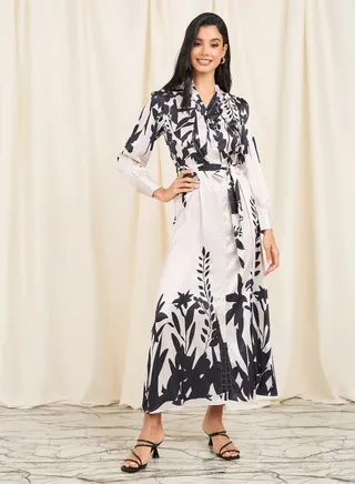 Satin Floral Print Shirt Maxi Dress with Self Tie Up 