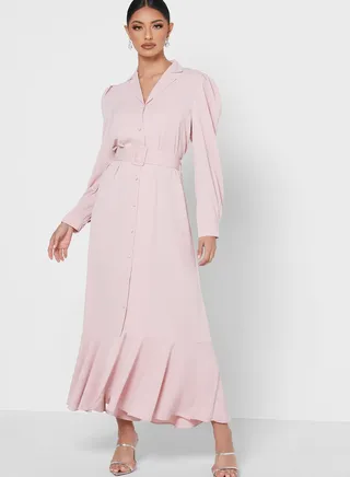 Button Down Soft Belted Dress Pink 