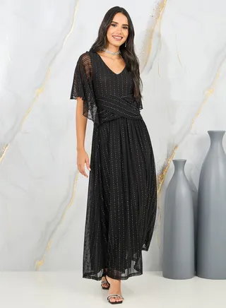 Embroidered Mesh Sleeves A-Line Maxi Dress