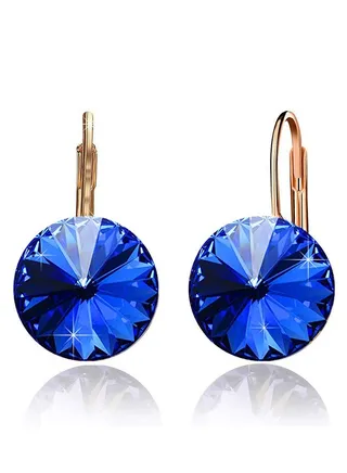 Round Austrian Crystal Drop Lever Back Earrings for Women 14 K Gold Plated Hypoallergenic 