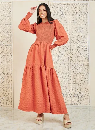 Smocked Detail Cuff Sleeves A-Line Maxi Dress 
