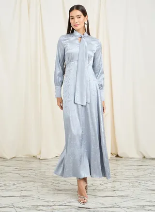 Satin Jacquard Print Tie Up Neck A-Line Maxi Dress