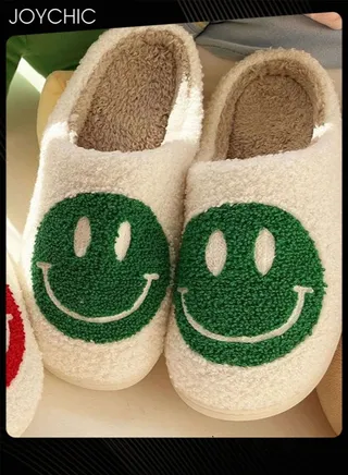 Autumn Winter Warm Smiley Face Designed Bedroom Slippers White/Green for Women/ Men 