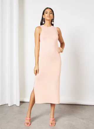 Casual Sleeveless Long Evening Maxi Dress With Side Slit N32 Coral 