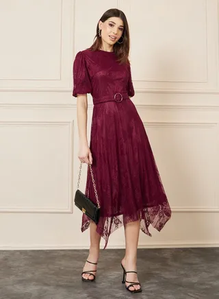 All Over Lace Buckle Detail Belted Asymmetric Hem Midi Dress 