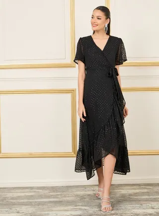 Dobby Asymmetric Hem Wrap Midi Dress 