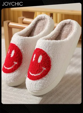 Autumn and Winter Warm Windproof Smiley Face Designed Bedroom Slippers White/Red for Women/Men 