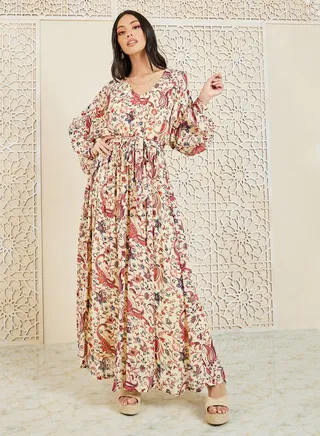 Paisley Printed A-Line Maxi Dress with Self Tie Up 