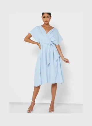 Off Shoulder Flared Dress Blue 