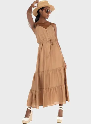 Tiered Hem Straps Detail Shift Maxi Dress Brown 