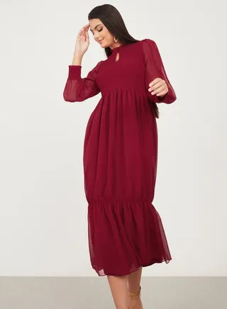 Smocked Detail A-Line Midi Dress 