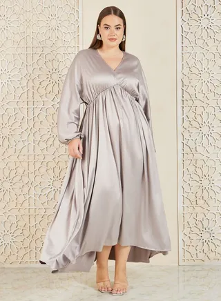 Plus Satin Gathered Detail A-Line Maxi Dress 