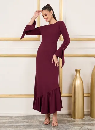 Button Loop Detail Sleeves Ruffle Hem A-Line Maxi Dress