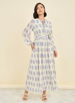 Floral Print Tie Up Neck A-Line Maxi Dress