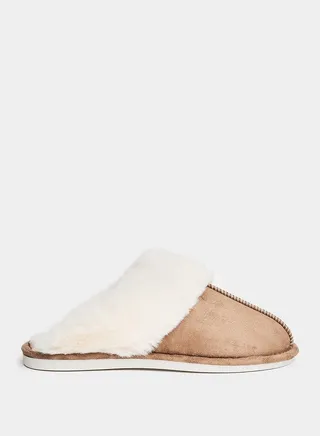 Suede-Look Outer with Fluff Inner Bedroom Slippers 