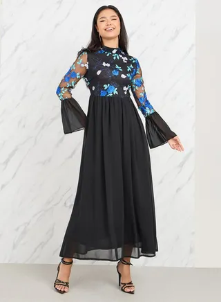 Floral Embroidered Flute Sleeves A-Line Maxi Dress 