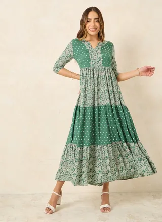 All Over Print V Neck Tiered Maxi Dress 