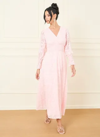 Burnout Textured Smocked Waist Detail A-Line Maxi Dress 