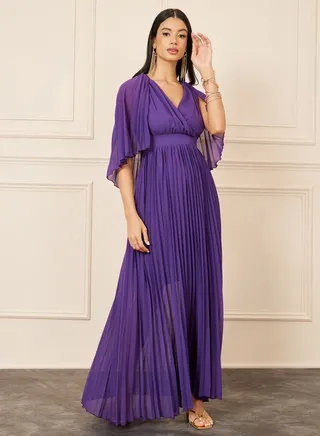 Cape Sleeves Accordion Pleated A-Line Maxi Dress 