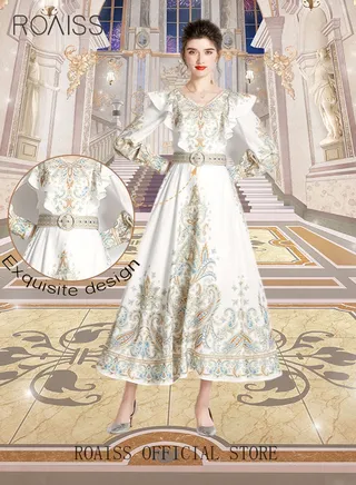 Ladies Dress Long Sleeve Ruffle Vintage V Neck Linen Advanced Fashion Print Dress for Ladies Ramadan Eid al-Adha 