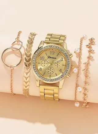 Women's Stainless Steel Analog Watch Set 