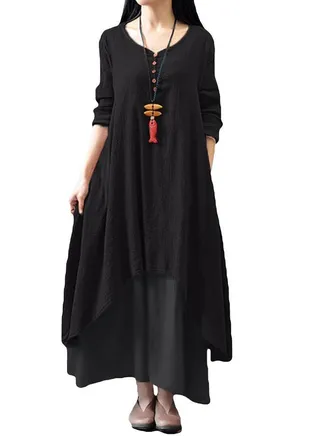 New Fashion Solid Long Sleeves Boho Long Maxi Dress G8214B Black 