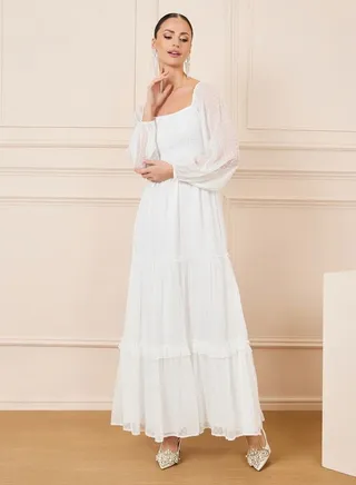 Dobby Smocked Detail Tiered Maxi Dress