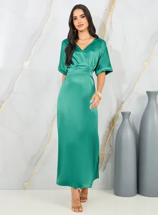 Satin Roll Up Sleeves A-Line Maxi Dress 