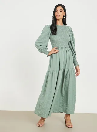 Smocked Detail Cuff Sleeves A-Line Maxi Dress 