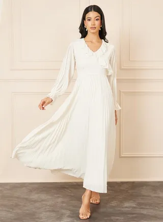 Accordion Pleat Ruffle V Neck A-Line Maxi Dress 