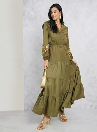 Embroidered Sleeves Notch Neck Tiered Maxi Dress 