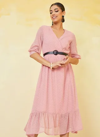 3/4 Sleeve Dobby A-Line Midi Dress with Belt 