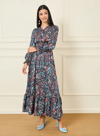 Paisley Print Smocked Detail A-Line Maxi Dress 