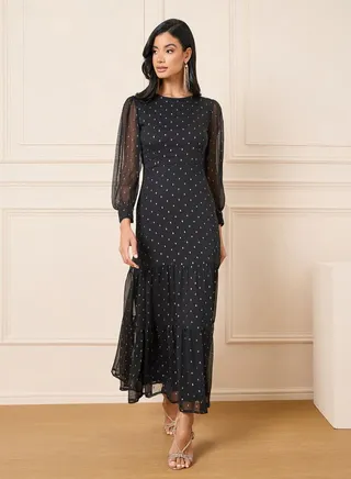 Swiss Dobby Mesh Sleeves Tiered Maxi Dress 