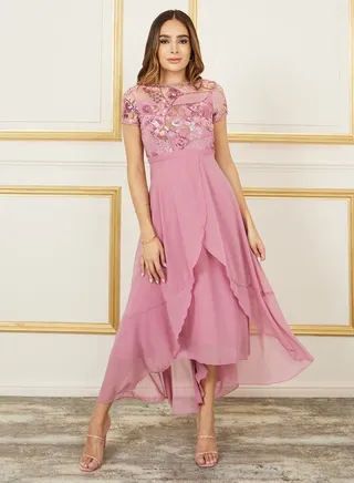 Thread Embroidered Sequin Detail Mesh Insert A-Line Midi Dress