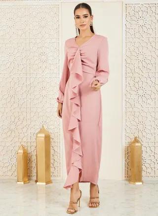 Satin Ruffle Detail Bodycon Maxi Dress 