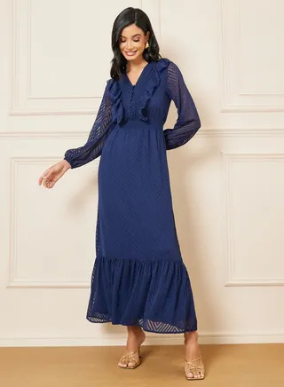 Dobby Zigzag Textured Ruffle Detail A-Line Maxi Dress 