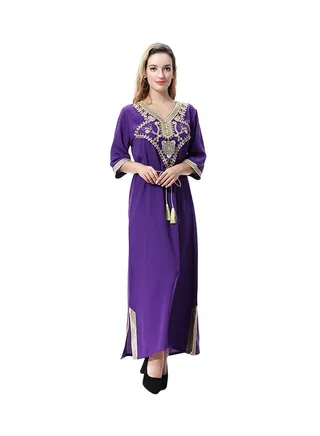 V-Neck Three-Quarter Sleeve Wool Peach Dress Purple 